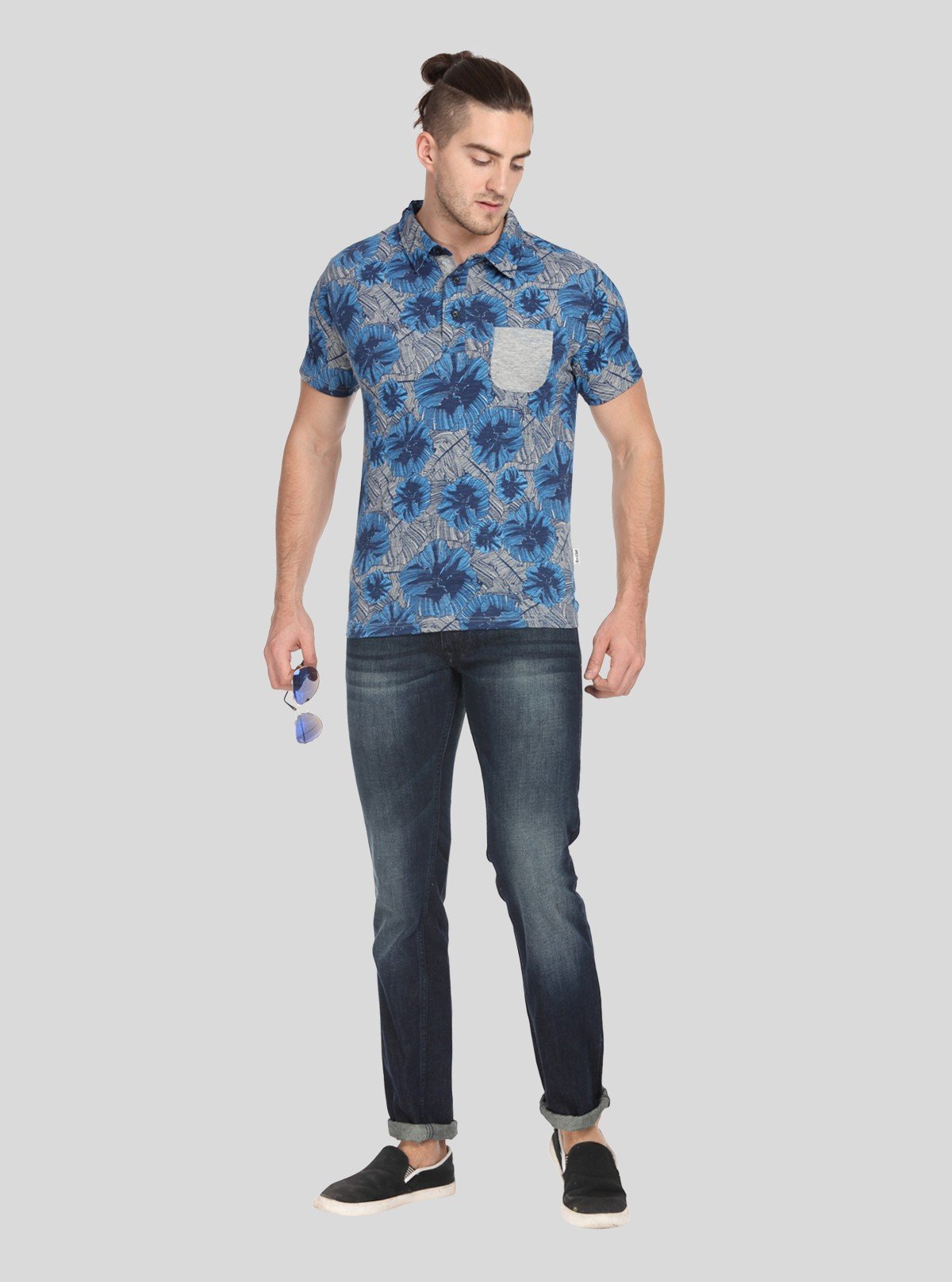 Men’s Blue Abstract Print Polo T-Shirt with Patch Pocket – Artistic & Modern Fit - Boer and Fitch
