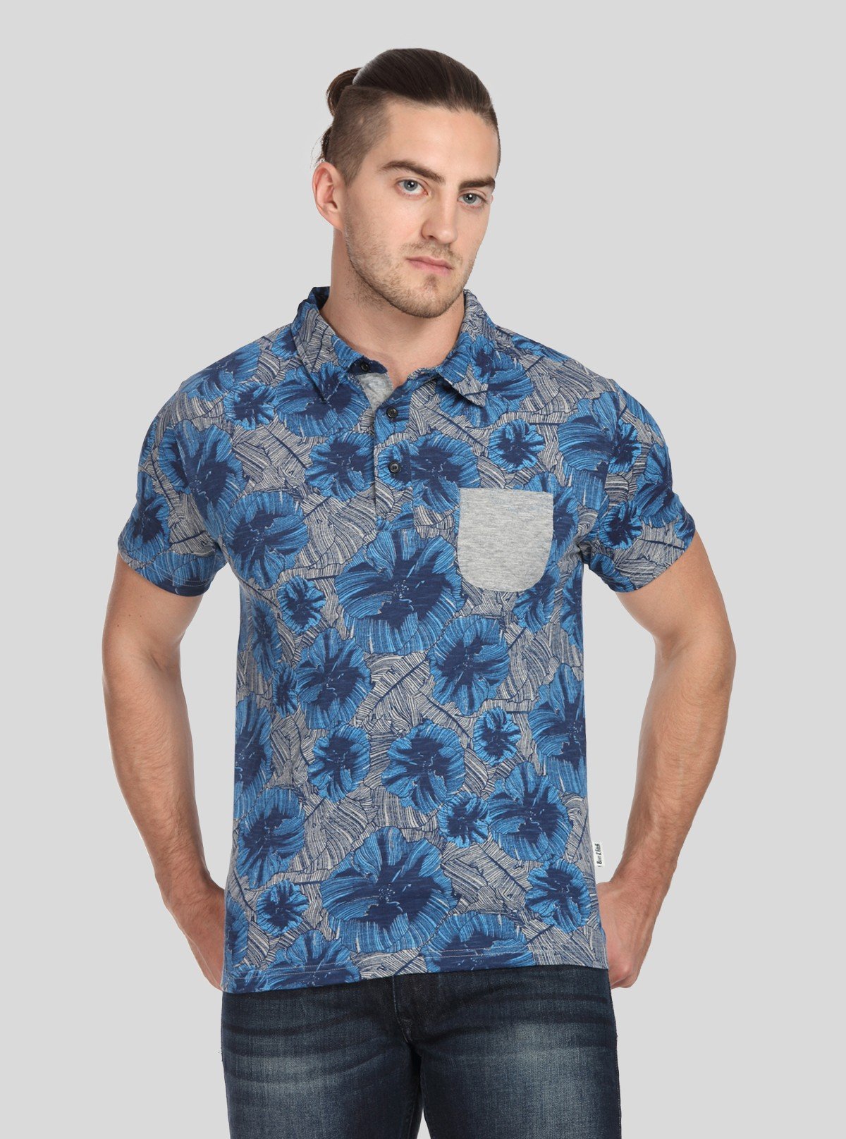 Men’s Blue Abstract Print Polo T-Shirt with Patch Pocket – Artistic & Modern Fit - Boer and Fitch