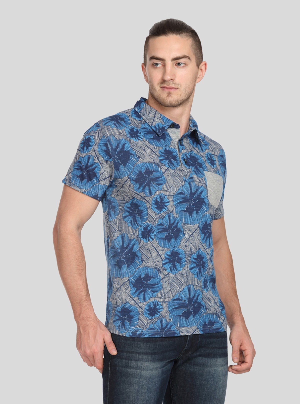 Men’s Blue Abstract Print Polo T-Shirt with Patch Pocket – Artistic & Modern Fit - Boer and Fitch