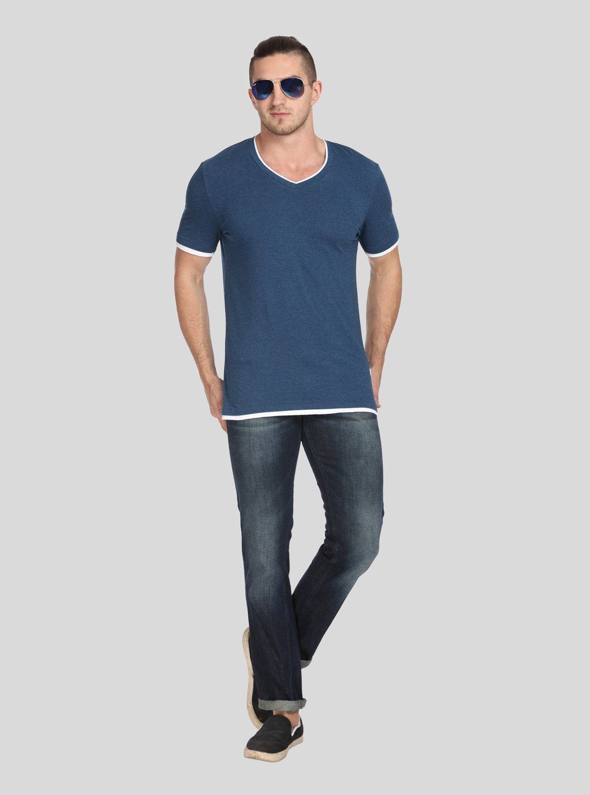 Men’s Blue Contrast Tipped V - Neck T-Shirt – Smart Casual Essential - Boer and Fitch