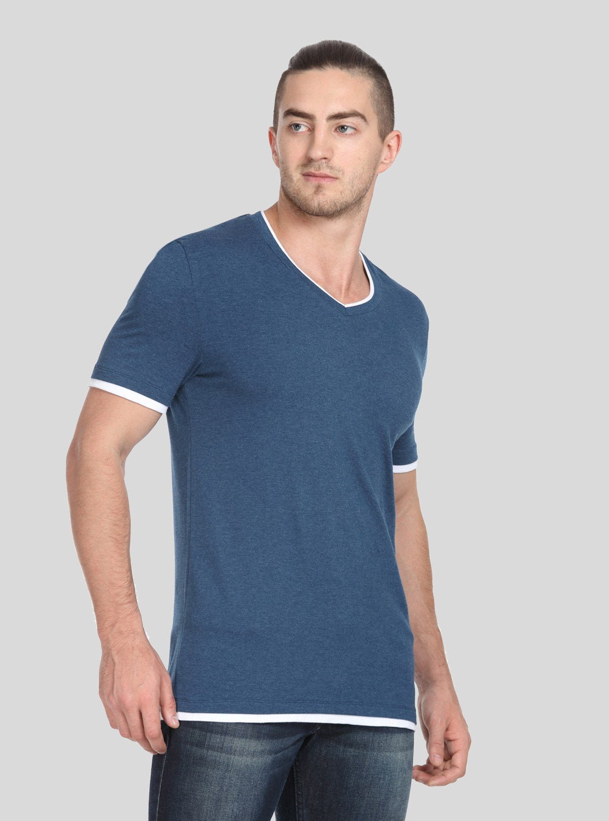 Men’s Blue Contrast Tipped V - Neck T-Shirt – Smart Casual Essential - Boer and Fitch