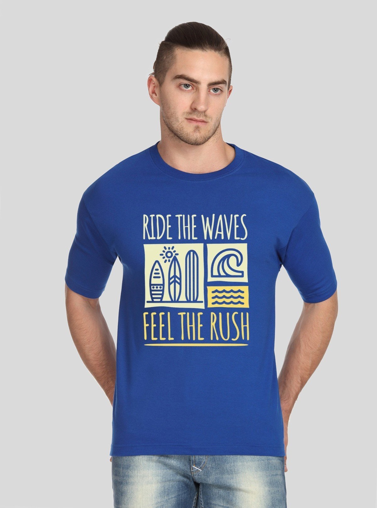 Men’s Blue “Ride Waves” Printed T‑Shirt – Bold Graphic Statement Tee - Boer and Fitch
