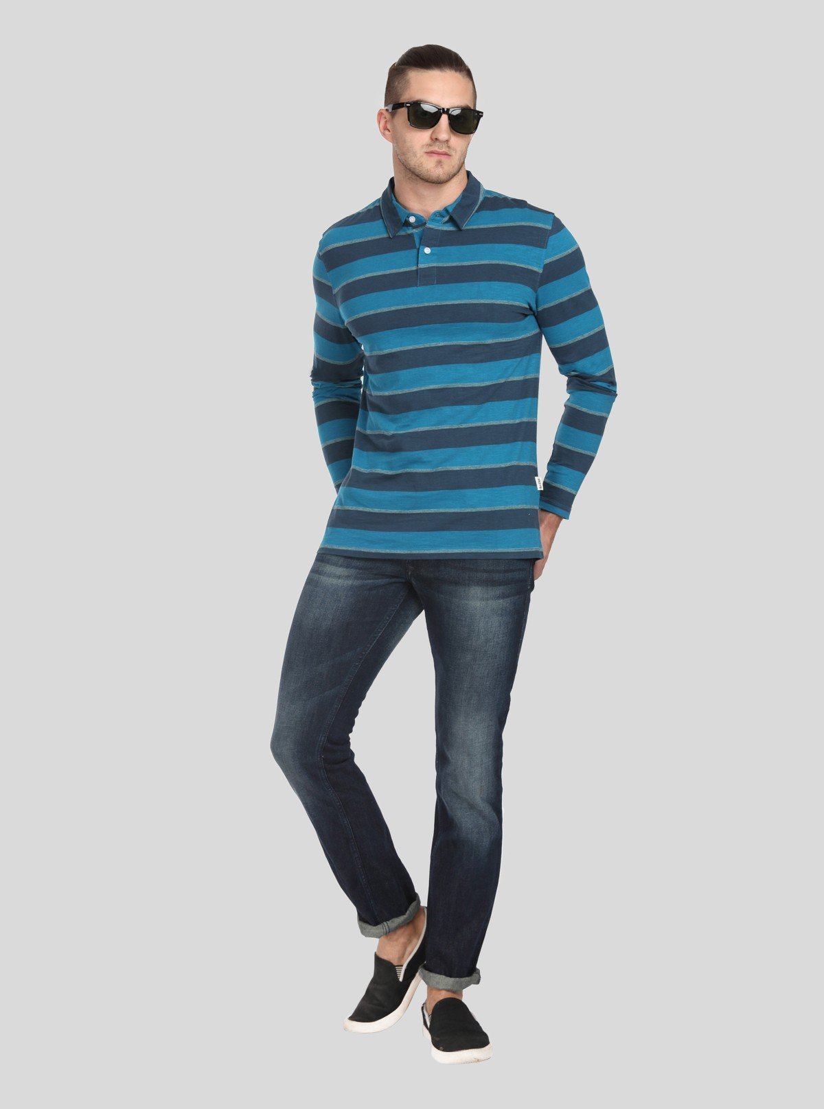 Men’s Blue Striped Full Sleeve Polo T-Shirt – Classic Comfort Meets Modern Style - Boer and Fitch