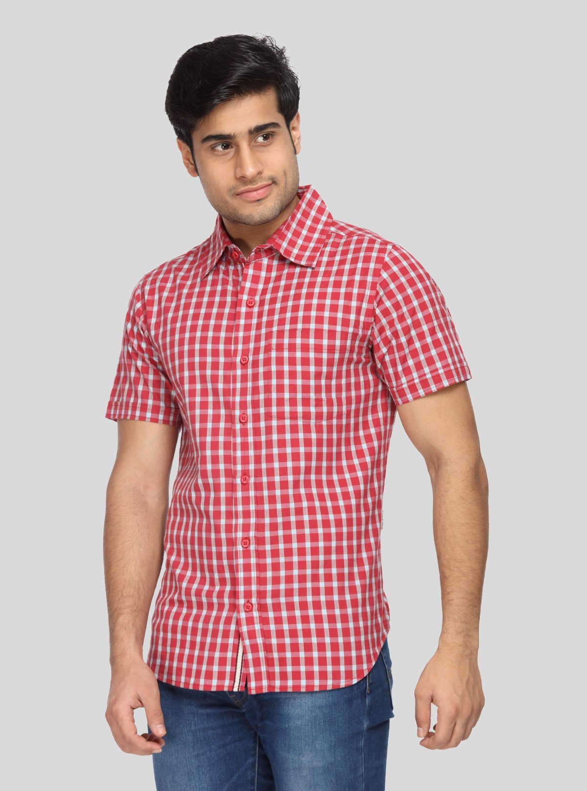 Men's Cherry Red Checked Half Sleeve Shirt – Bold Checks, Everyday Comfort - Boer and Fitch