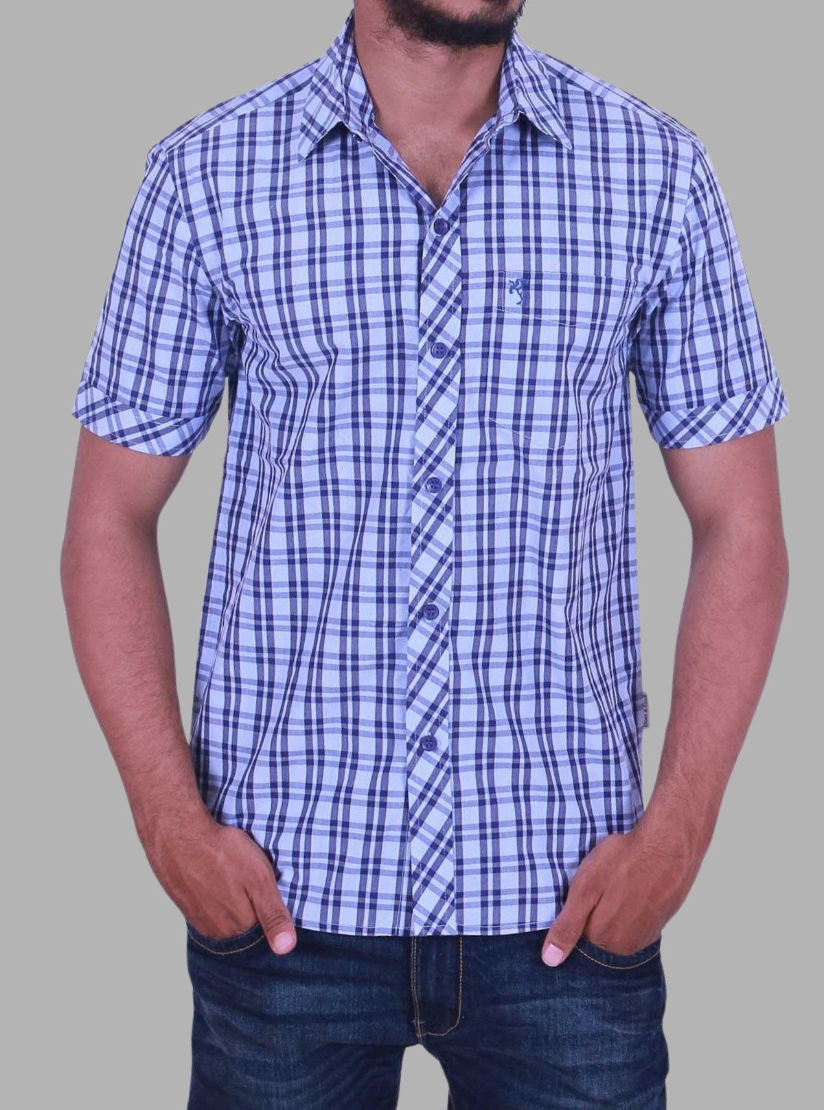 Men’s Classic Checked Blue Casual Shirt – Half Sleeve | Boer & Fitch - Boer and Fitch