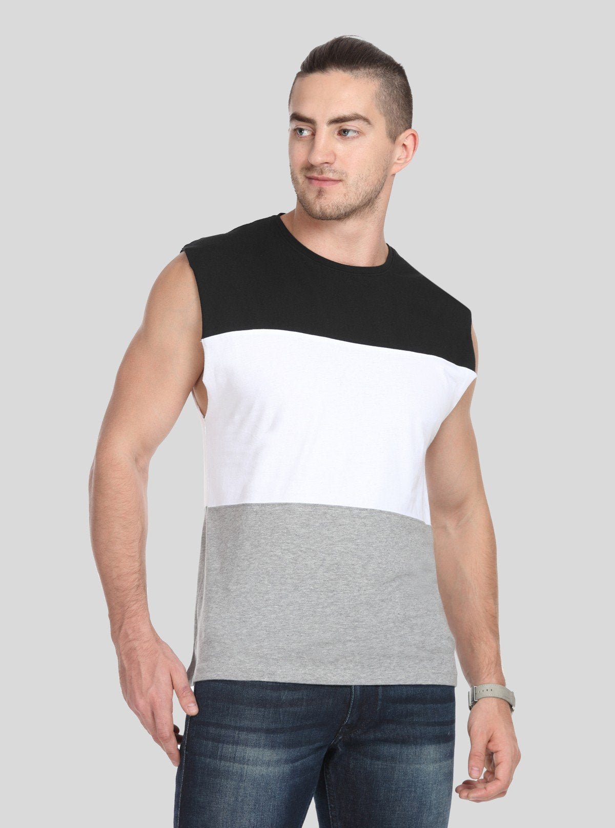 Men's Colourblock Black & Grey Round Neck Vest – Sporty, Sleek & Breathable - Boer and Fitch