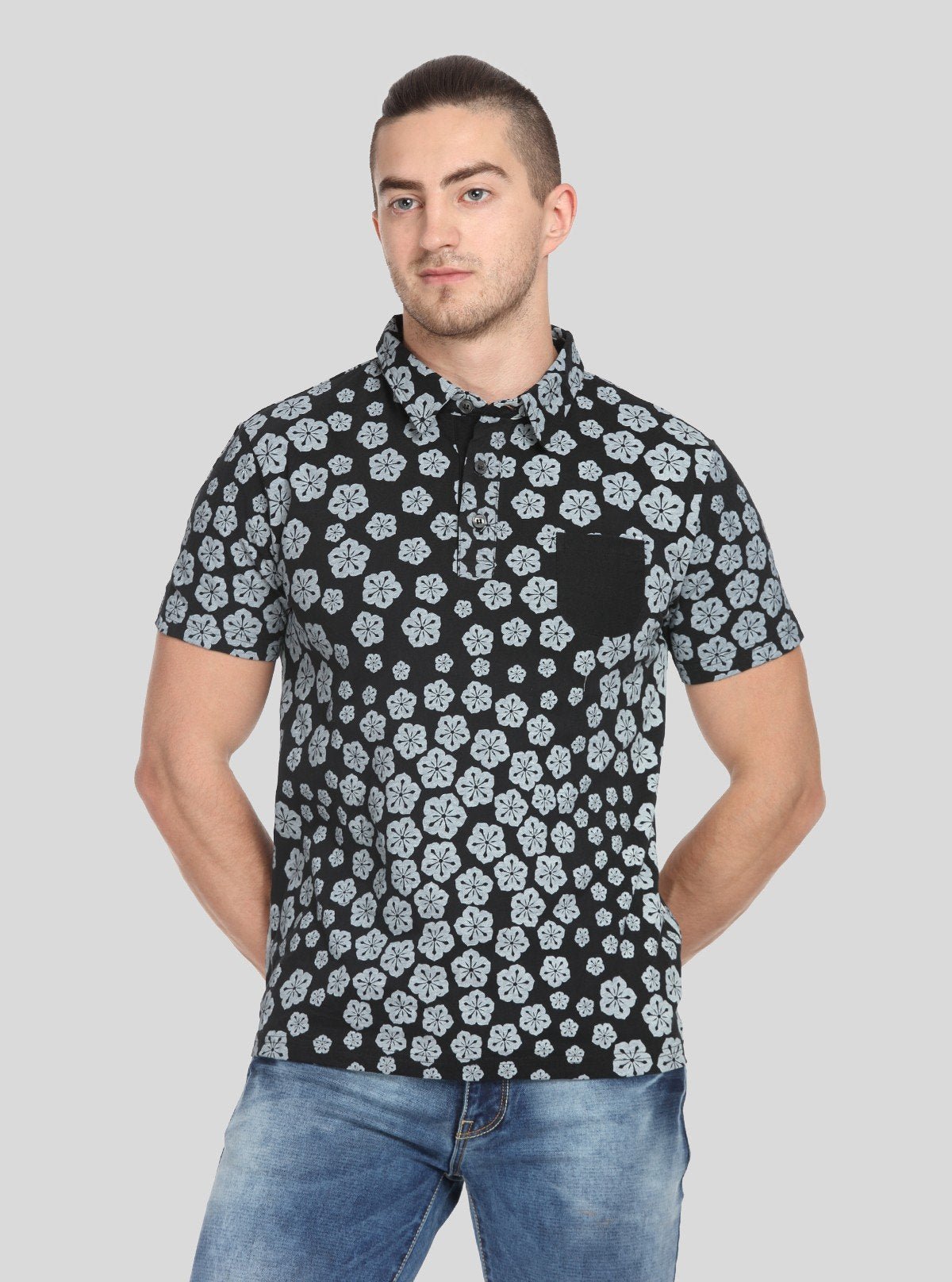 Men’s Floral Stamp Polo T-Shirt – Stylish, Fresh & Versatile - Boer and Fitch