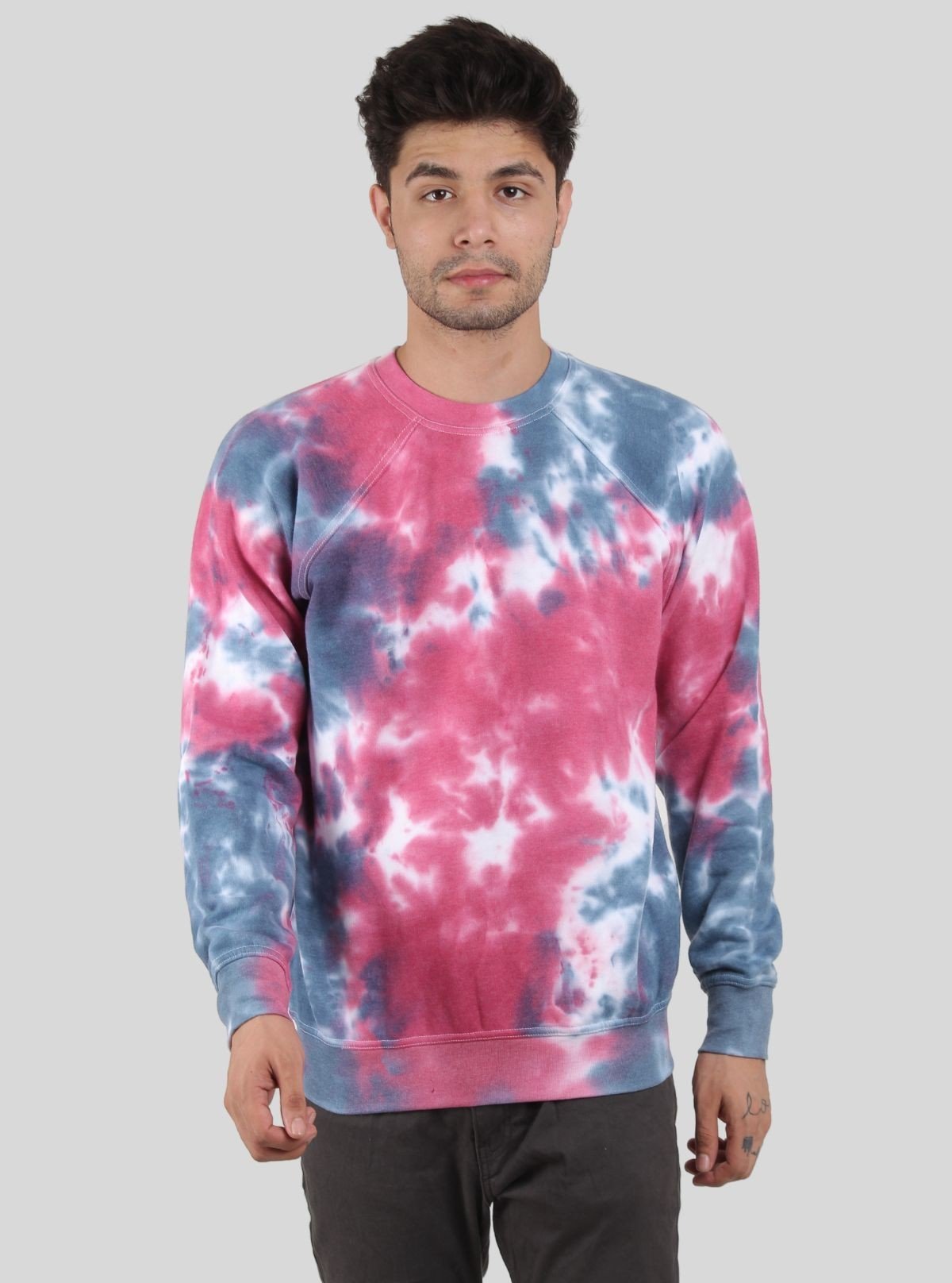 Men’s Fuchsia Frosty Tie - Dye Sweatshirt – Vibrant Hue, Cozy Fit - Boer and Fitch