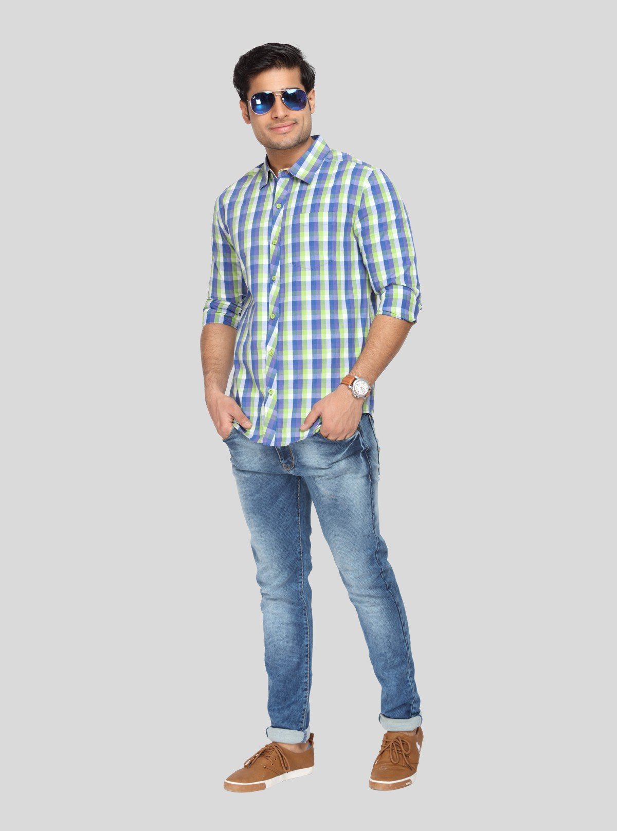 Men’s Green and Blue Checked Slim Fit Full Sleeve Shirt – Stylish Smart Casual by Boer & Fitch - Boer and Fitch