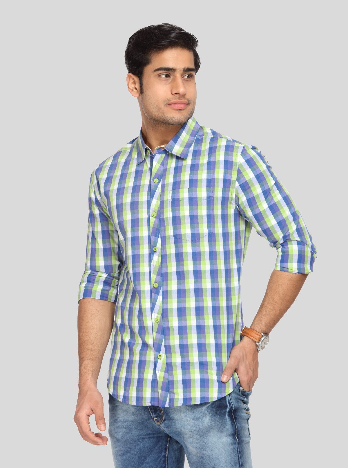 Men’s Green and Blue Checked Slim Fit Full Sleeve Shirt – Stylish Smart Casual by Boer & Fitch - Boer and Fitch