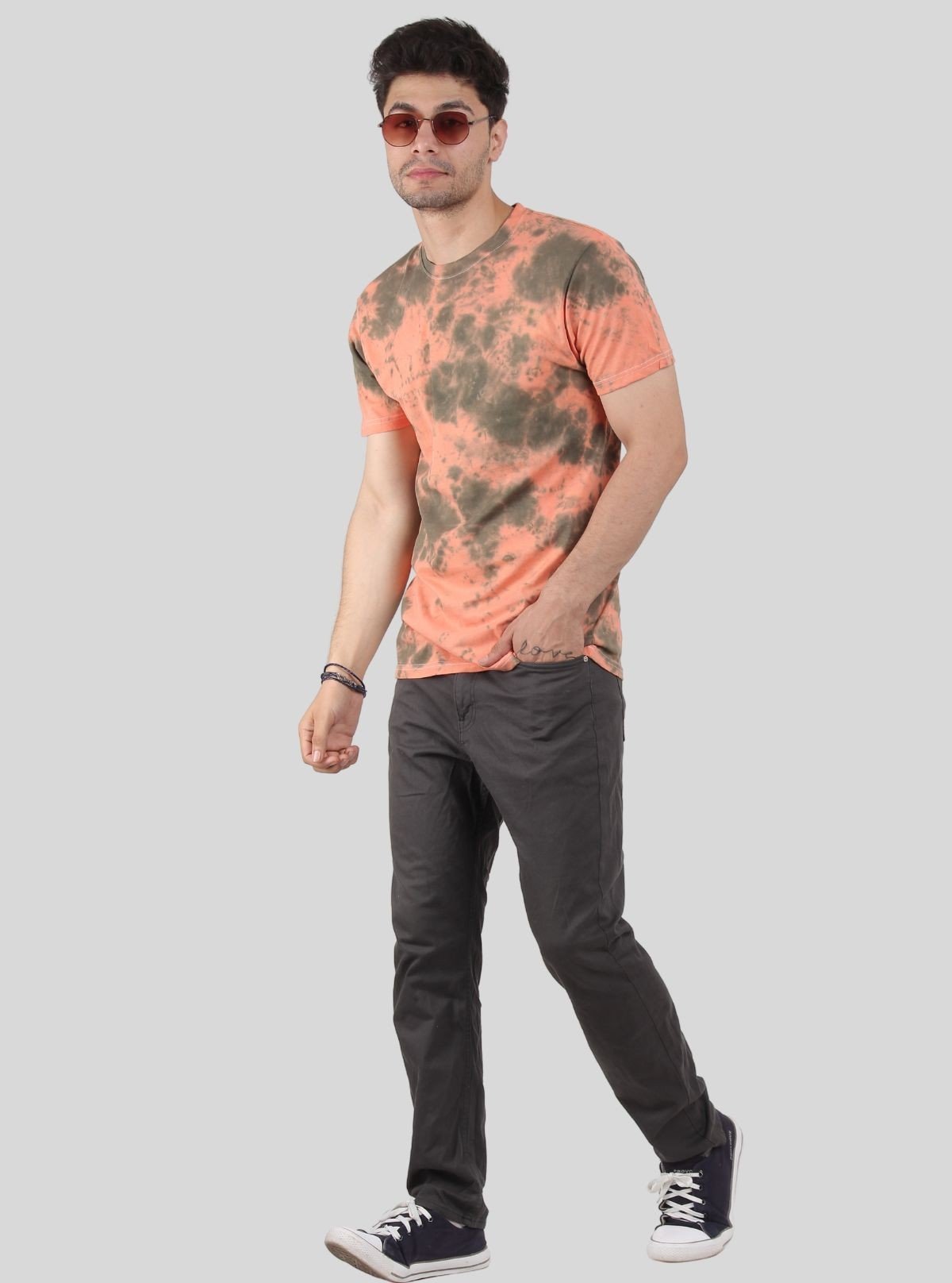 Men’s Green and Peach Tie and Dye Crew Neck T-Shirt – Vibrant Everyday Style - Boer and Fitch