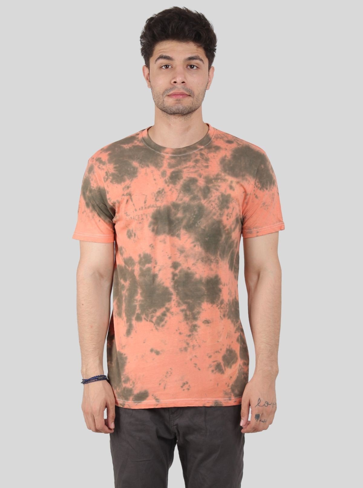 Men’s Green and Peach Tie and Dye Crew Neck T-Shirt – Vibrant Everyday Style - Boer and Fitch