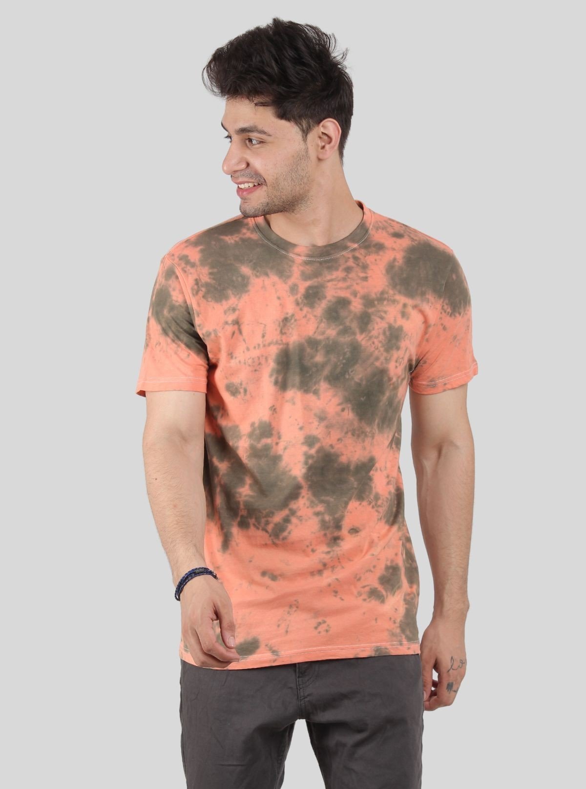 Men’s Green and Peach Tie and Dye Crew Neck T-Shirt – Vibrant Everyday Style - Boer and Fitch