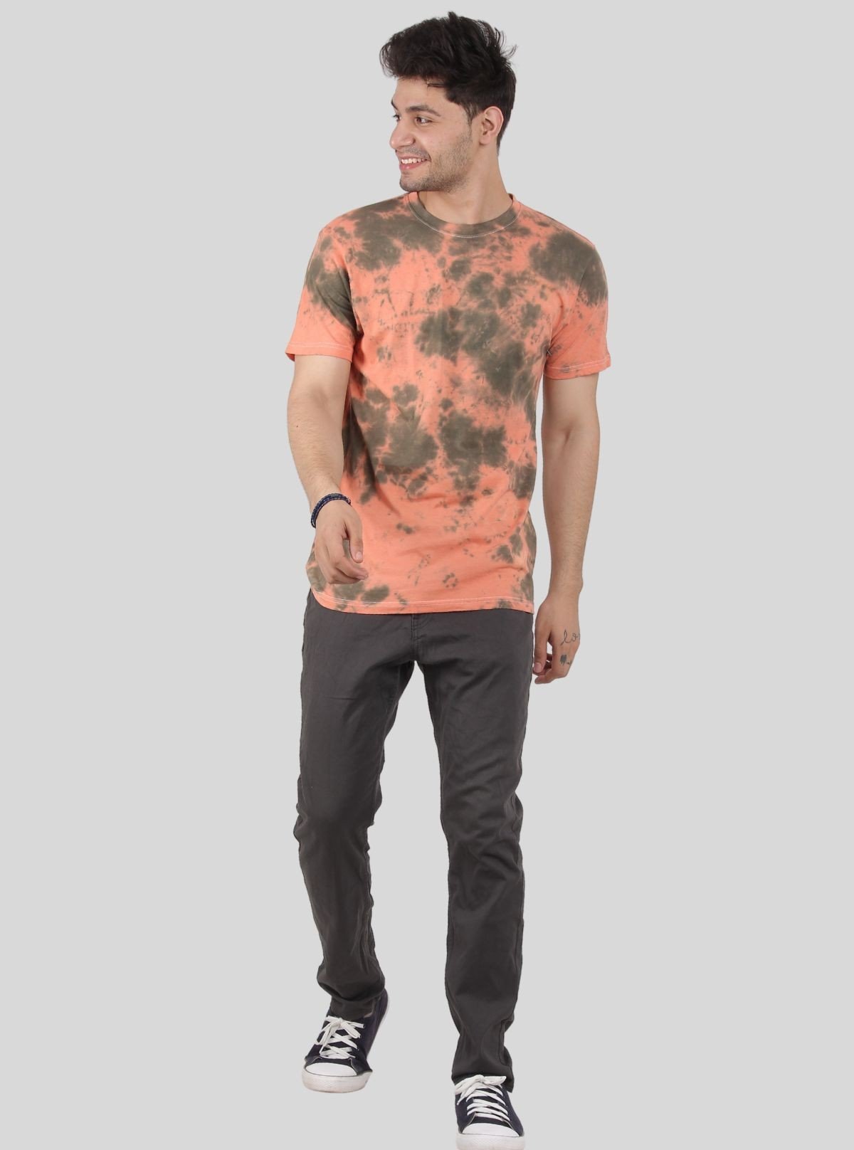 Men’s Green and Peach Tie and Dye Crew Neck T-Shirt – Vibrant Everyday Style - Boer and Fitch