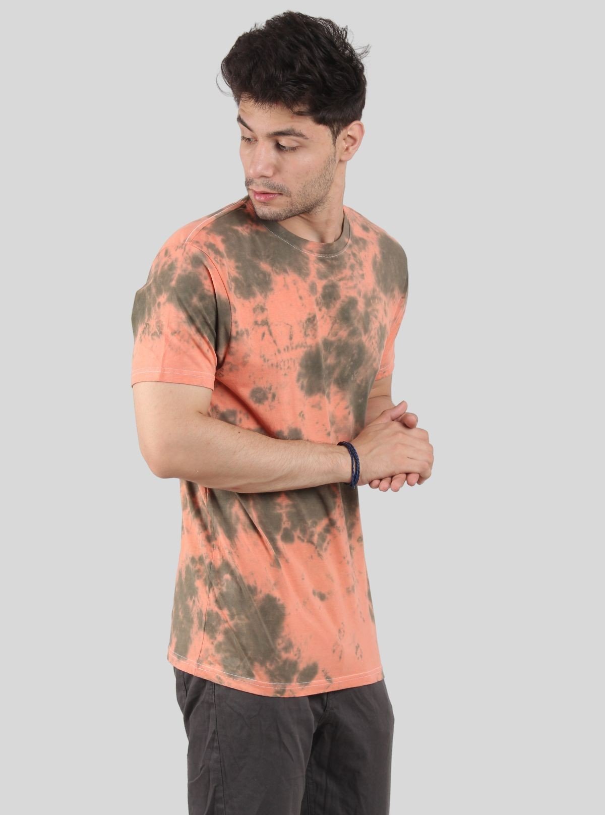 Men’s Green and Peach Tie and Dye Crew Neck T-Shirt – Vibrant Everyday Style - Boer and Fitch