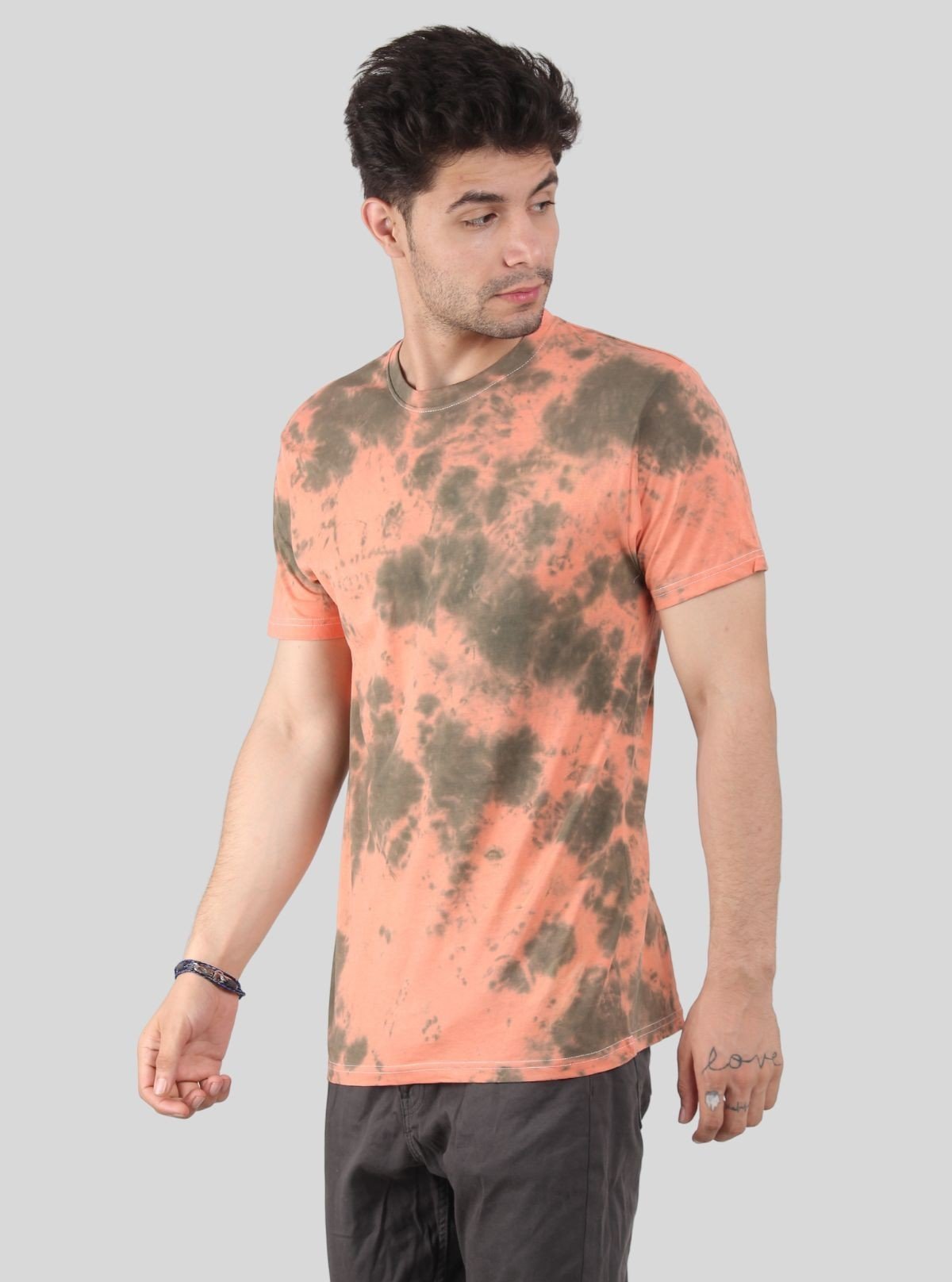 Men’s Green and Peach Tie and Dye Crew Neck T-Shirt – Vibrant Everyday Style - Boer and Fitch