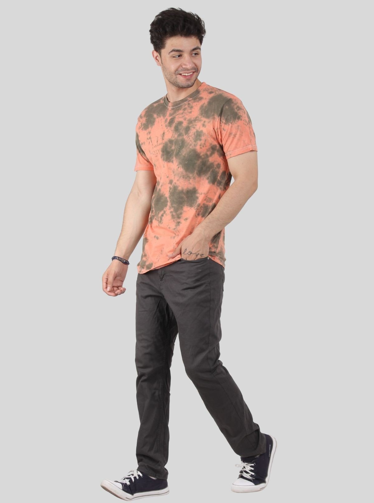 Men’s Green and Peach Tie and Dye Crew Neck T-Shirt – Vibrant Everyday Style - Boer and Fitch