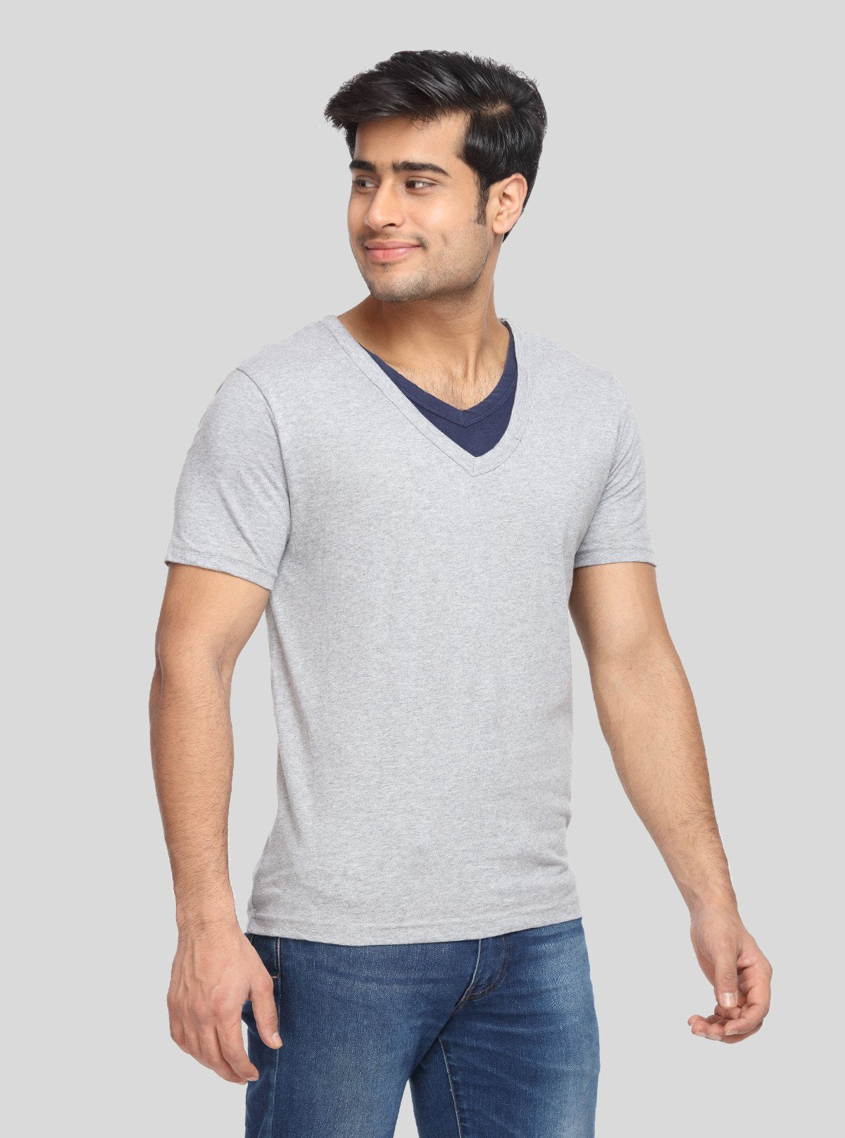 Men's Grey Melange Classic Fit V - Neck T-Shirt – Soft Cotton Everyday Essential - Boer and Fitch