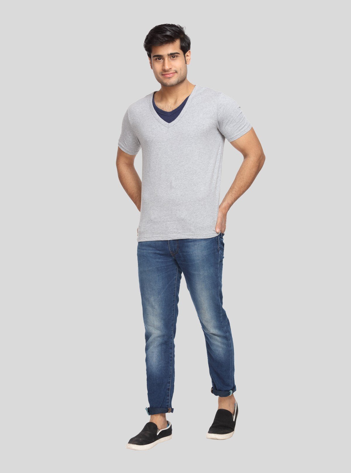 Men's Grey Melange Classic Fit V - Neck T-Shirt – Soft Cotton Everyday Essential - Boer and Fitch
