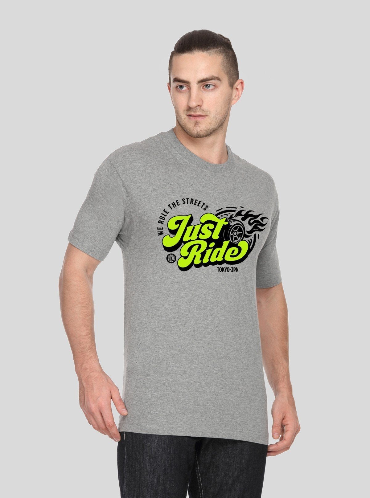 Men's Grey Melange Just Ride Print T-Shirt – Modern Graphic Tee in Soft Cotton - Boer and Fitch