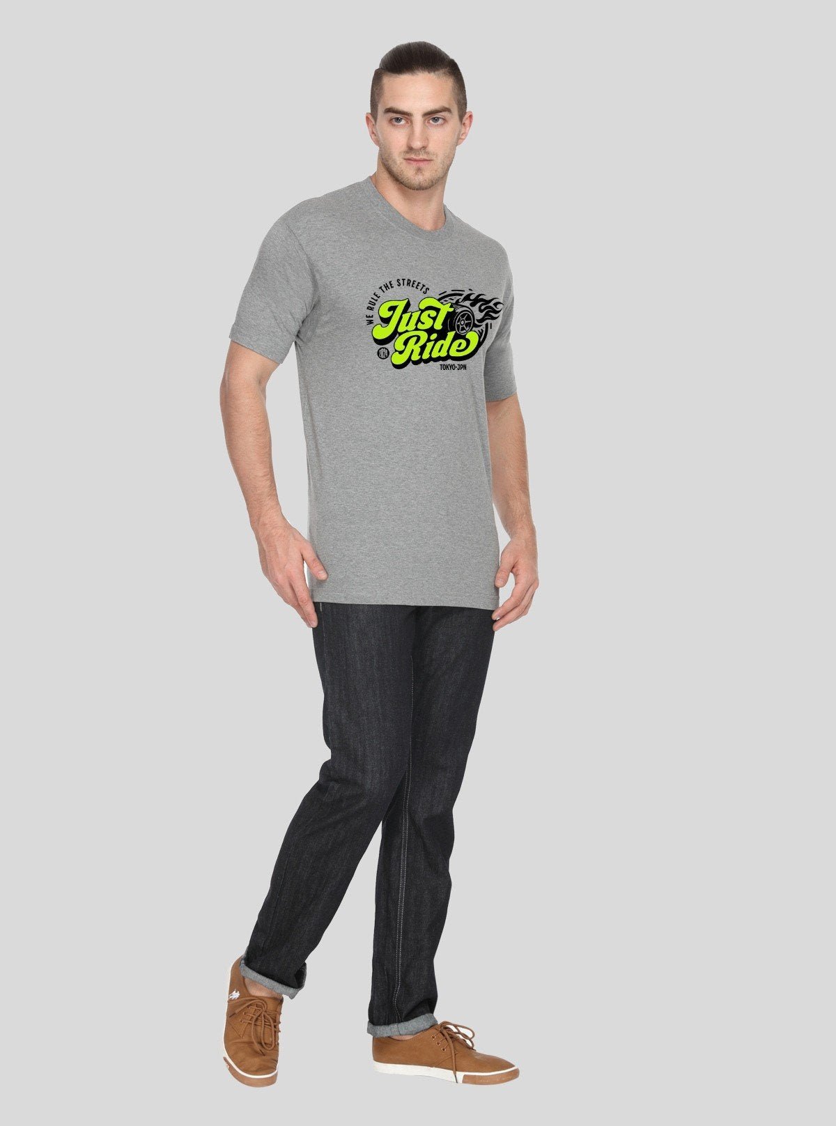 Men's Grey Melange Just Ride Print T-Shirt – Modern Graphic Tee in Soft Cotton - Boer and Fitch