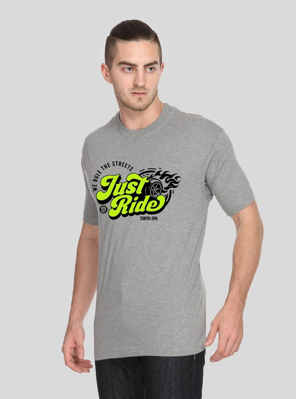 Men's Grey Melange Just Ride Print T-Shirt – Modern Graphic Tee in Soft Cotton - Boer and Fitch