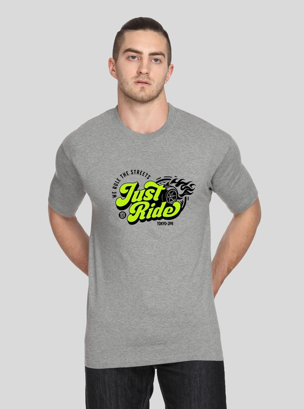Men's Grey Melange Just Ride Print T-Shirt – Modern Graphic Tee in Soft Cotton - Boer and Fitch