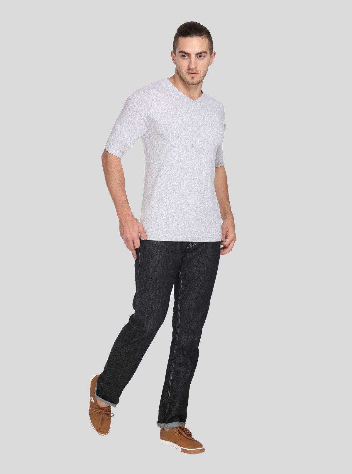 Men’s Grey Melange V - Neck Printed T-Shirt – Casual Comfort Meets Style - Boer and Fitch