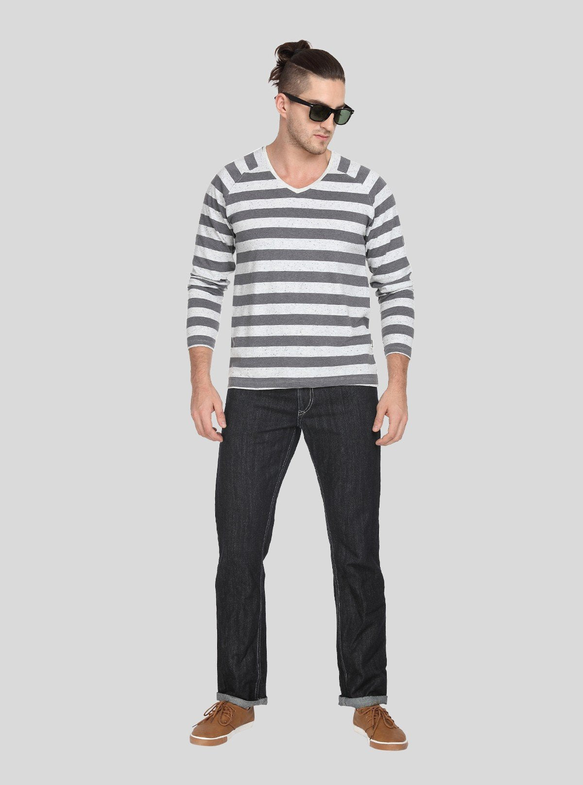 Men’s Grey Striped Full Sleeve V - Neck T-Shirt – Classic Comfort & Style - Boer and Fitch