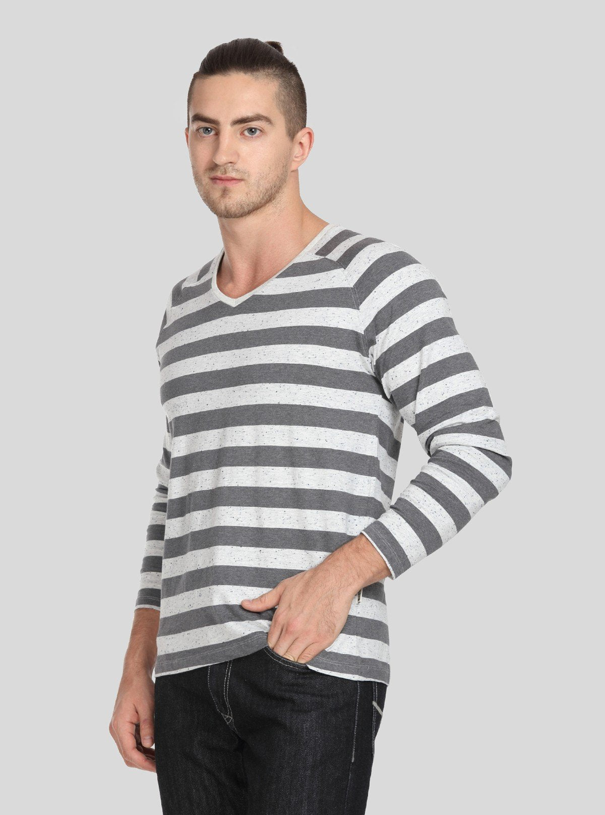 Men’s Grey Striped Full Sleeve V - Neck T-Shirt – Classic Comfort & Style - Boer and Fitch