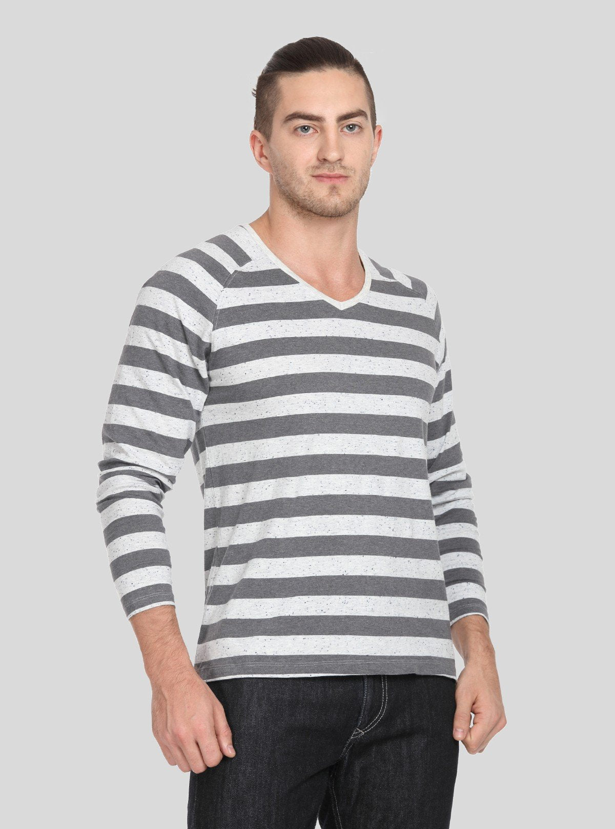 Men’s Grey Striped Full Sleeve V - Neck T-Shirt – Classic Comfort & Style - Boer and Fitch