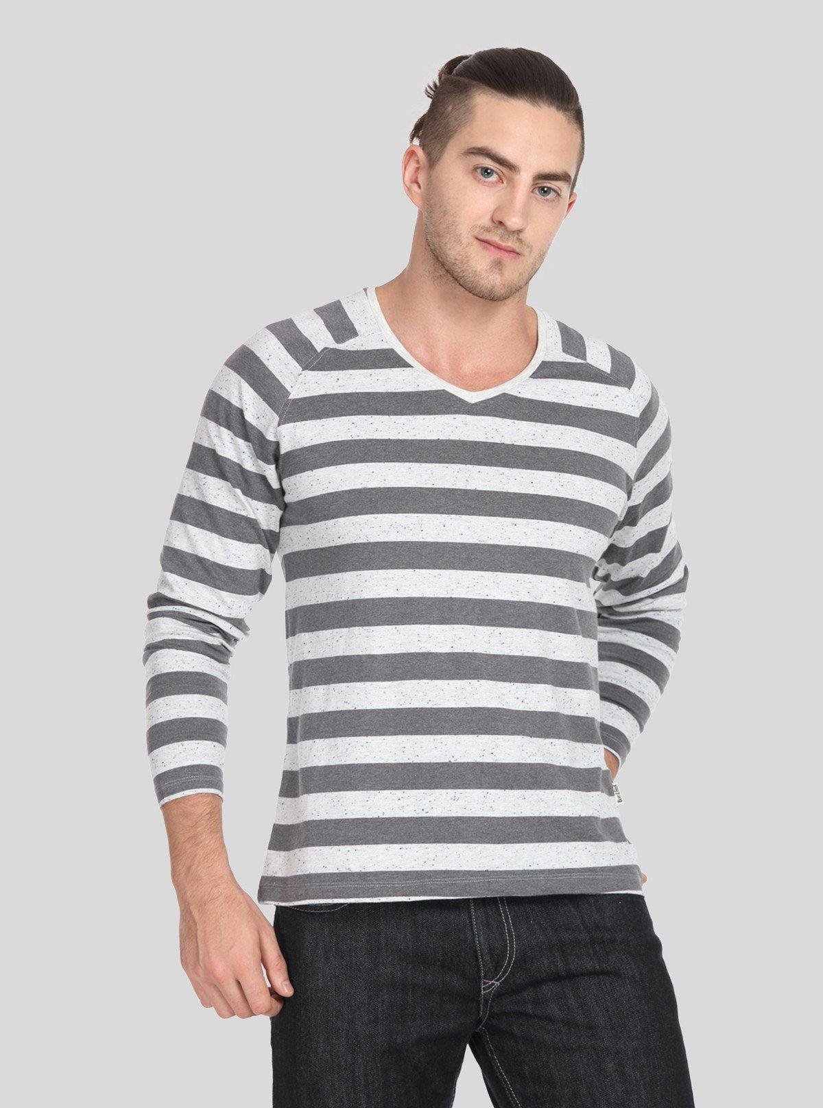 Men’s Grey Striped Full Sleeve V - Neck T-Shirt – Classic Comfort & Style - Boer and Fitch