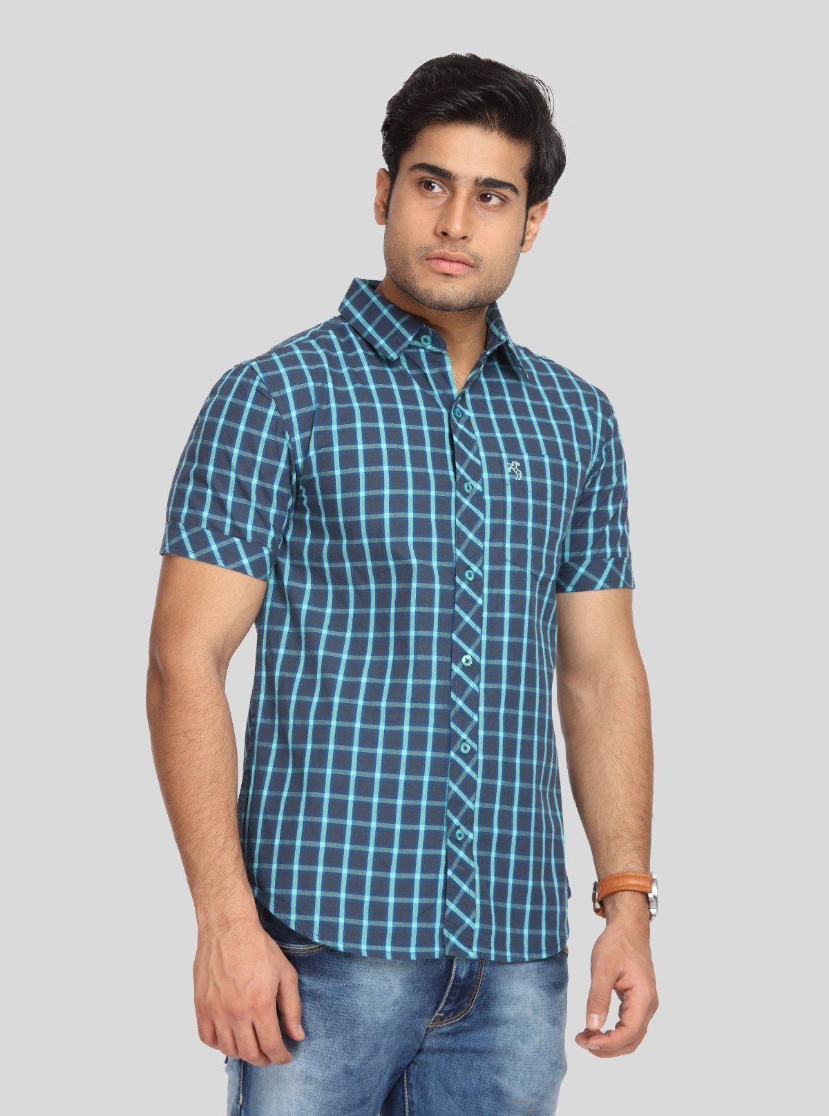 Men’s Indigo Casual Checked Half Sleeve Shirt – Effortless Style for Everyday Wear - Boer and Fitch