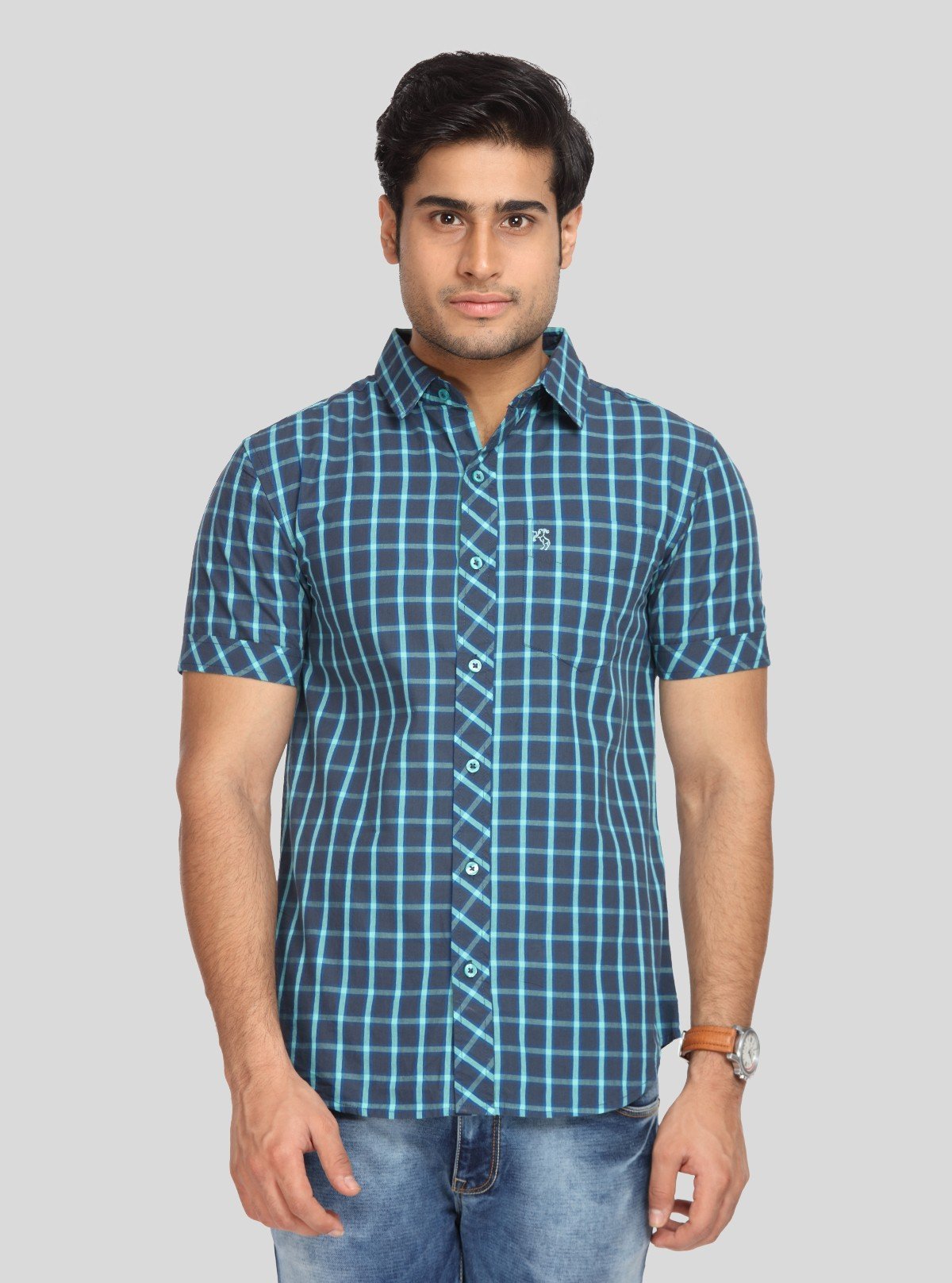 Men’s Indigo Casual Checked Half Sleeve Shirt – Effortless Style for Everyday Wear - Boer and Fitch