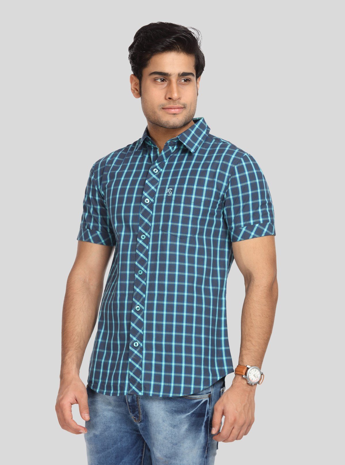 Men’s Indigo Casual Checked Half Sleeve Shirt – Effortless Style for Everyday Wear - Boer and Fitch