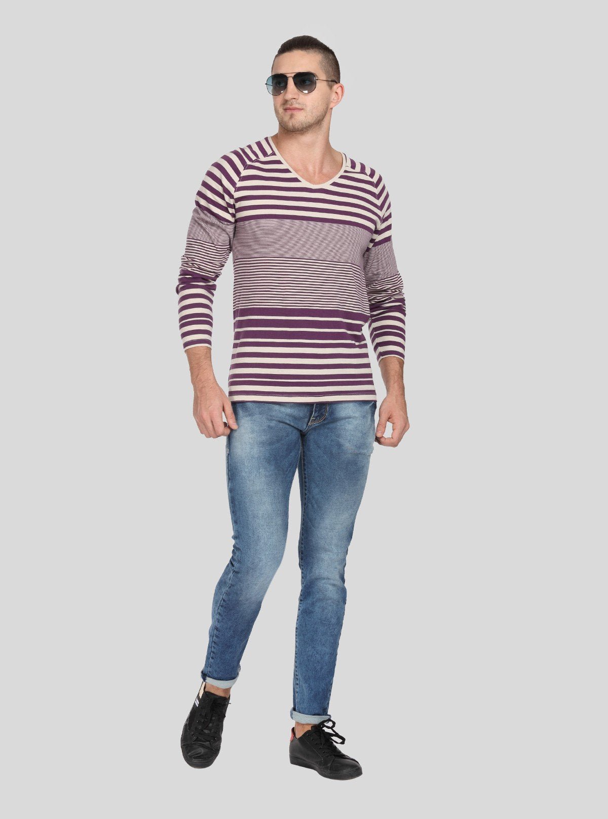Men’s Indigo Striped V - Neck Full Sleeve T-Shirt – Classic Meets Cool - Boer and Fitch