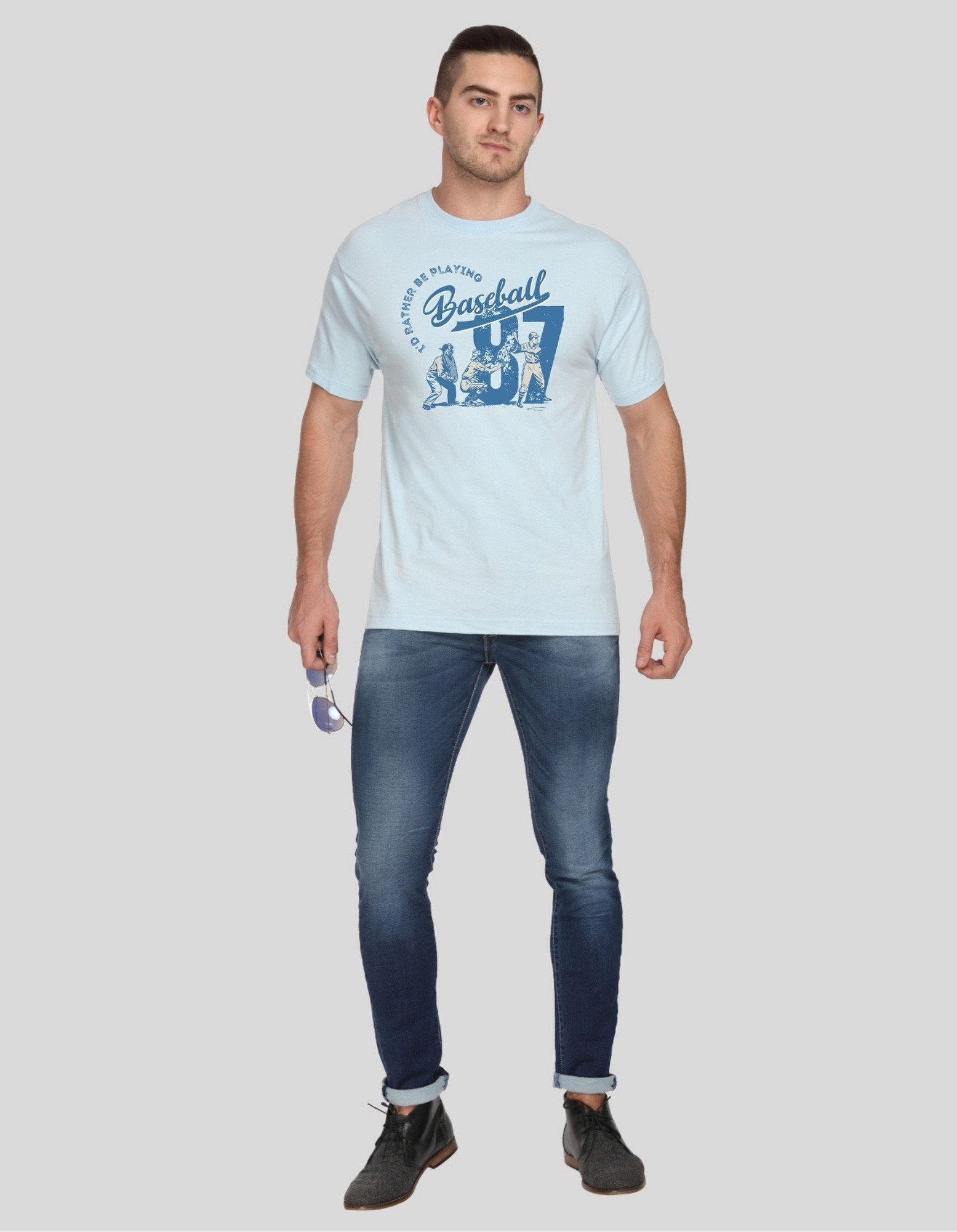Men’s Light Blue Baseball Print T-Shirt – Coastal Vibes & Casual Comfort - Boer and Fitch