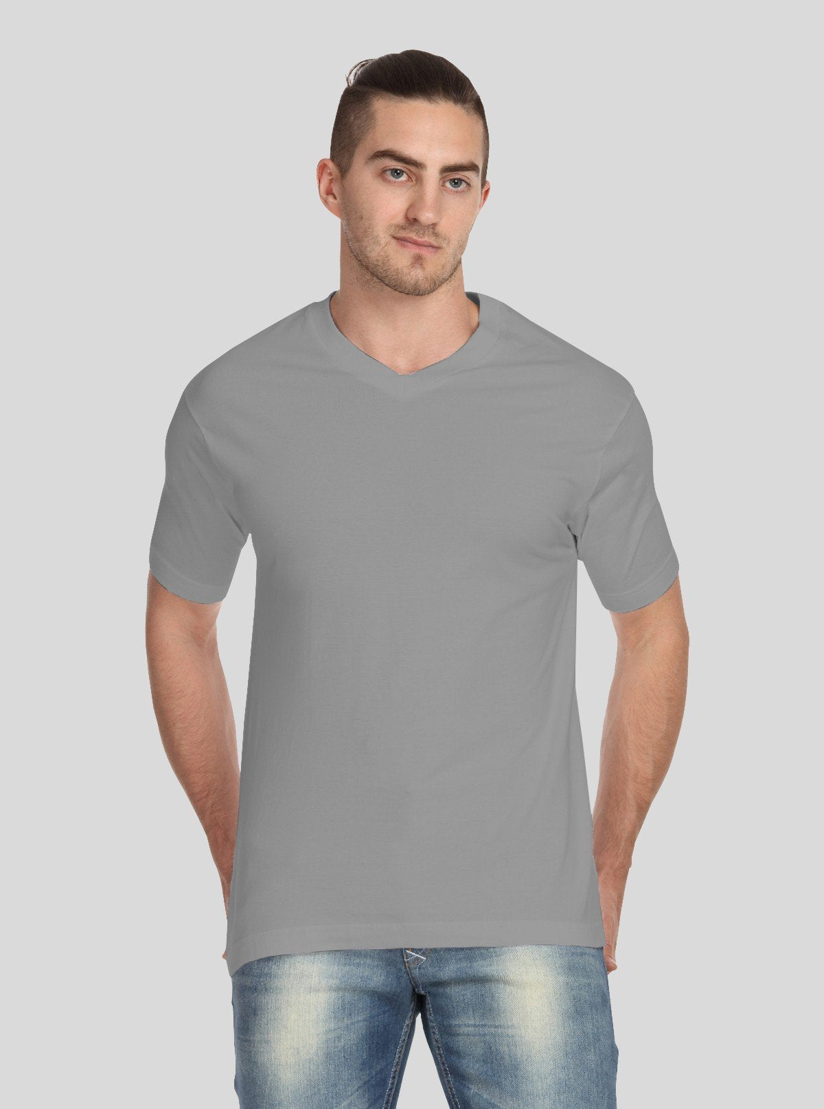Men’s Light Grey Basic V - Neck T-Shirt – Soft Cotton Classic Fit Tee - Boer and Fitch
