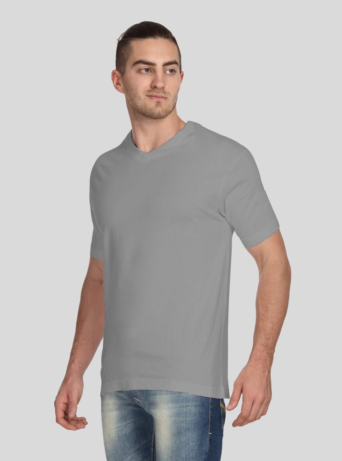 Men’s Light Grey Basic V - Neck T-Shirt – Soft Cotton Classic Fit Tee - Boer and Fitch