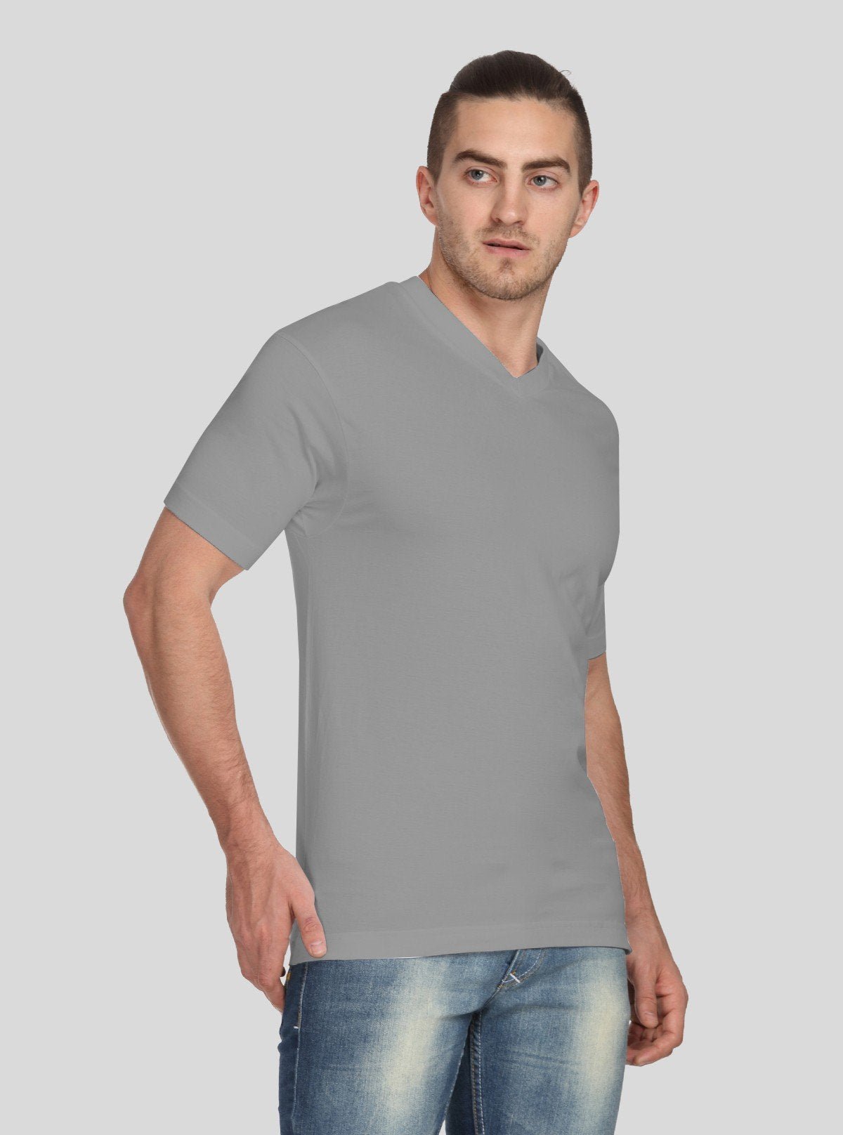 Men’s Light Grey Basic V - Neck T-Shirt – Soft Cotton Classic Fit Tee - Boer and Fitch