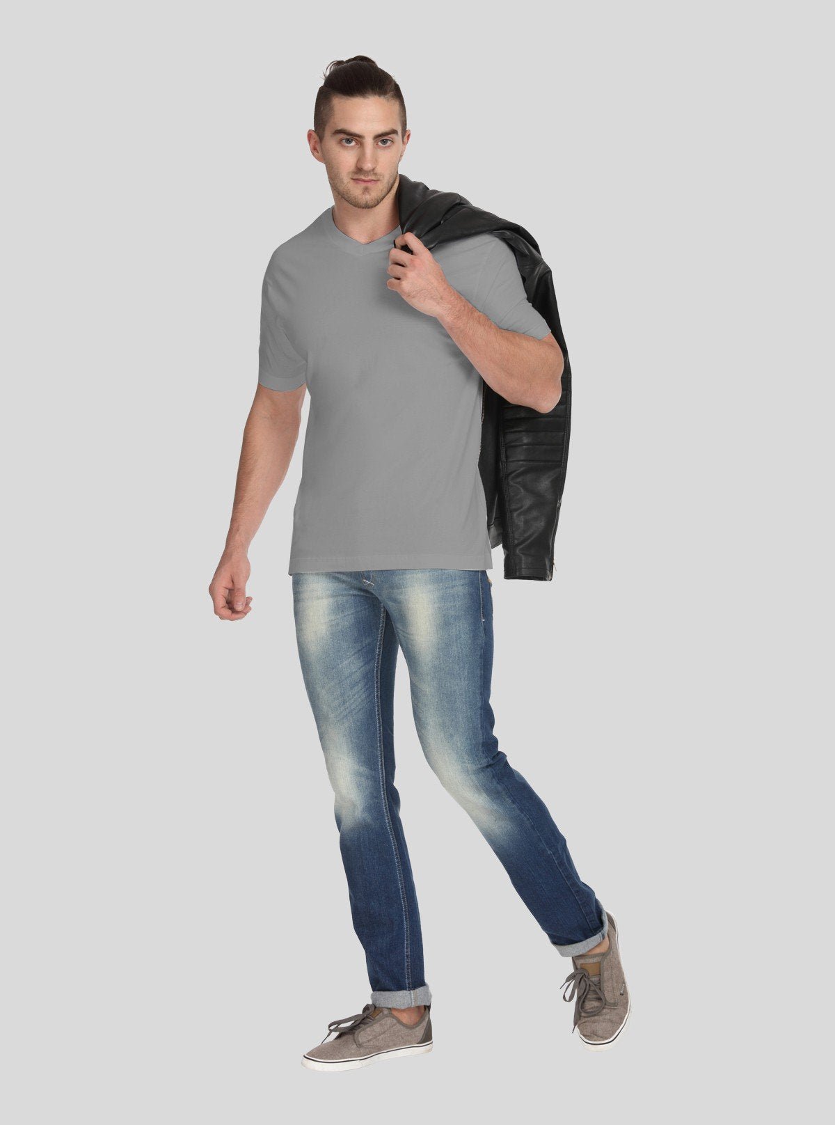 Men’s Light Grey Basic V - Neck T-Shirt – Soft Cotton Classic Fit Tee - Boer and Fitch