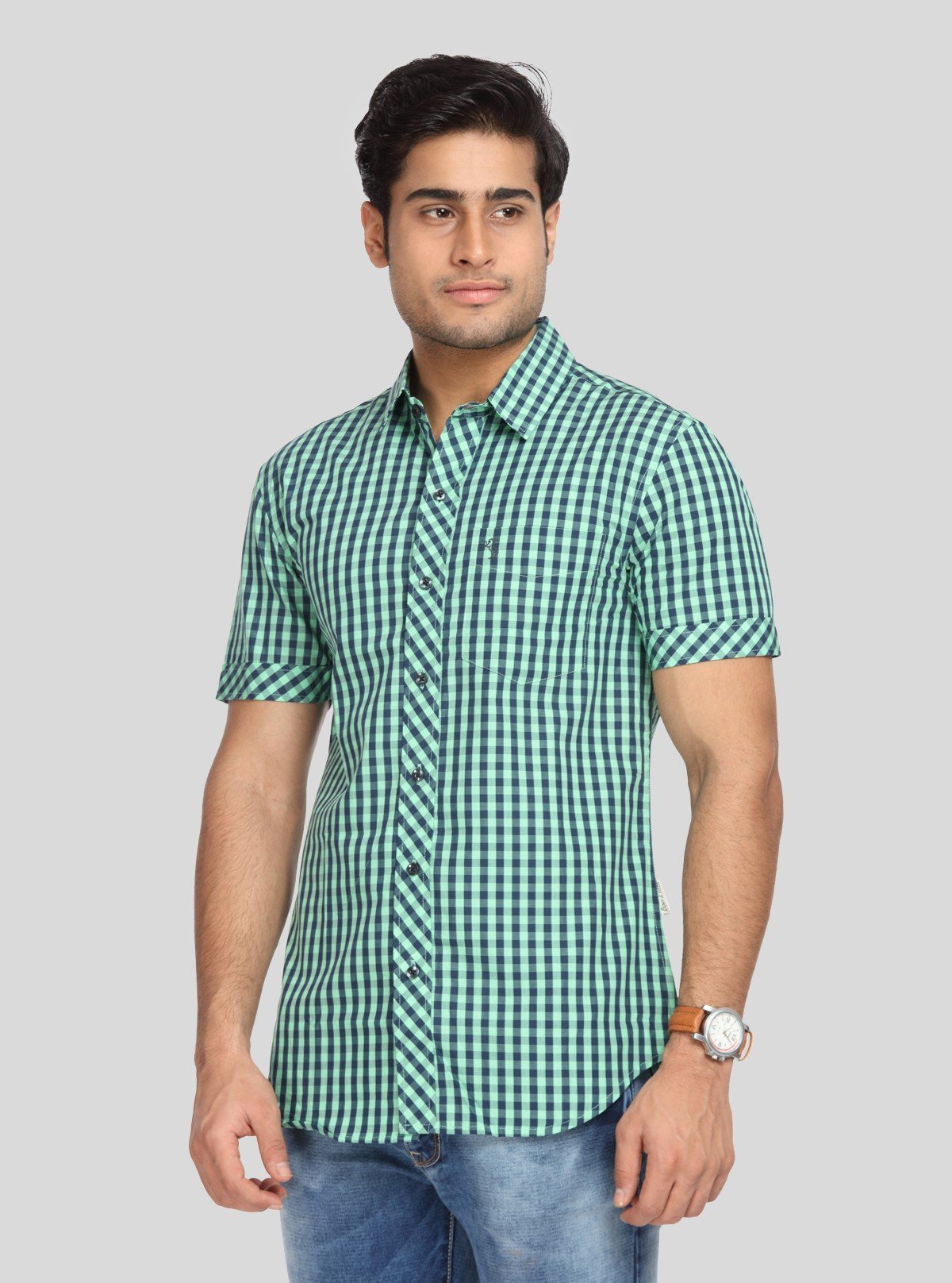 Men's Lime Green Checked Half Sleeve Shirt – Bold, Breezy & Modern - Boer and Fitch