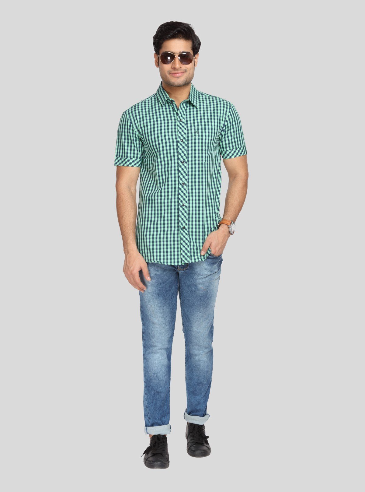 Men's Lime Green Checked Half Sleeve Shirt – Bold, Breezy & Modern - Boer and Fitch