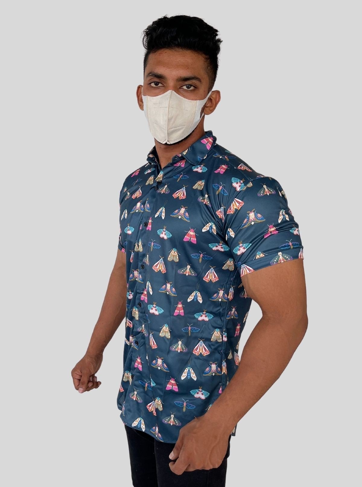 Men’s Navy Butterfly Printed Poly Shirt – Stylish Casual Slim Fit by Boer & Fitch - Boer and Fitch
