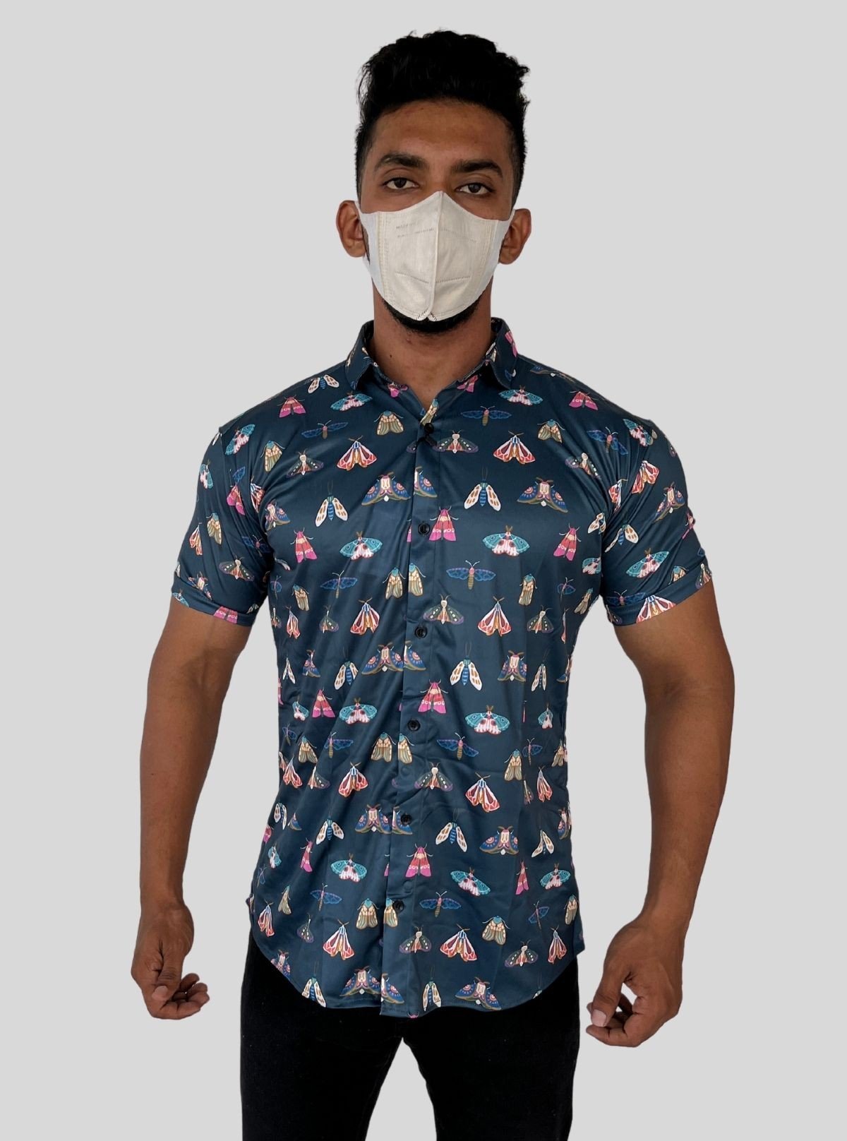 Men’s Navy Butterfly Printed Poly Shirt – Stylish Casual Slim Fit by Boer & Fitch - Boer and Fitch