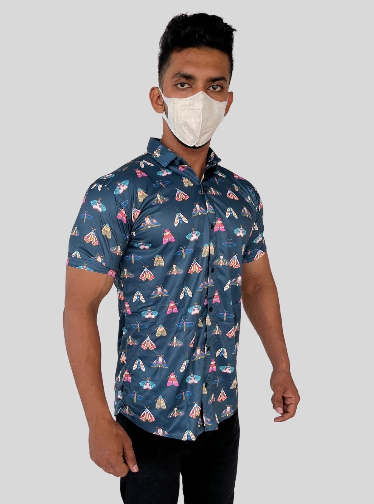 Men’s Navy Butterfly Printed Poly Shirt – Stylish Casual Slim Fit by Boer & Fitch - Boer and Fitch