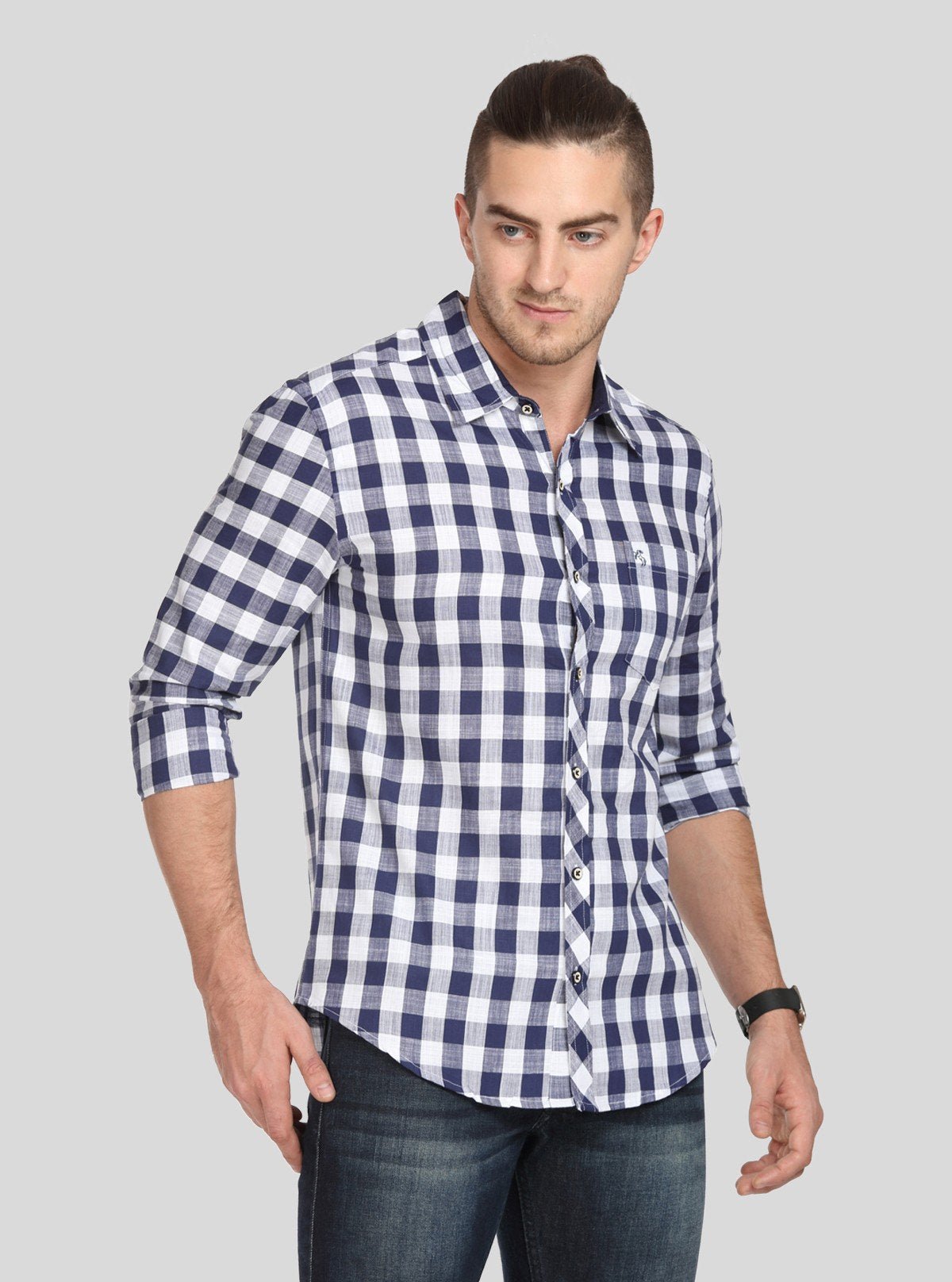Men’s Navy Checked Slim Fit Full Sleeve Shirt – Modern Casual Elegance by Boer & Fitch - Boer and Fitch