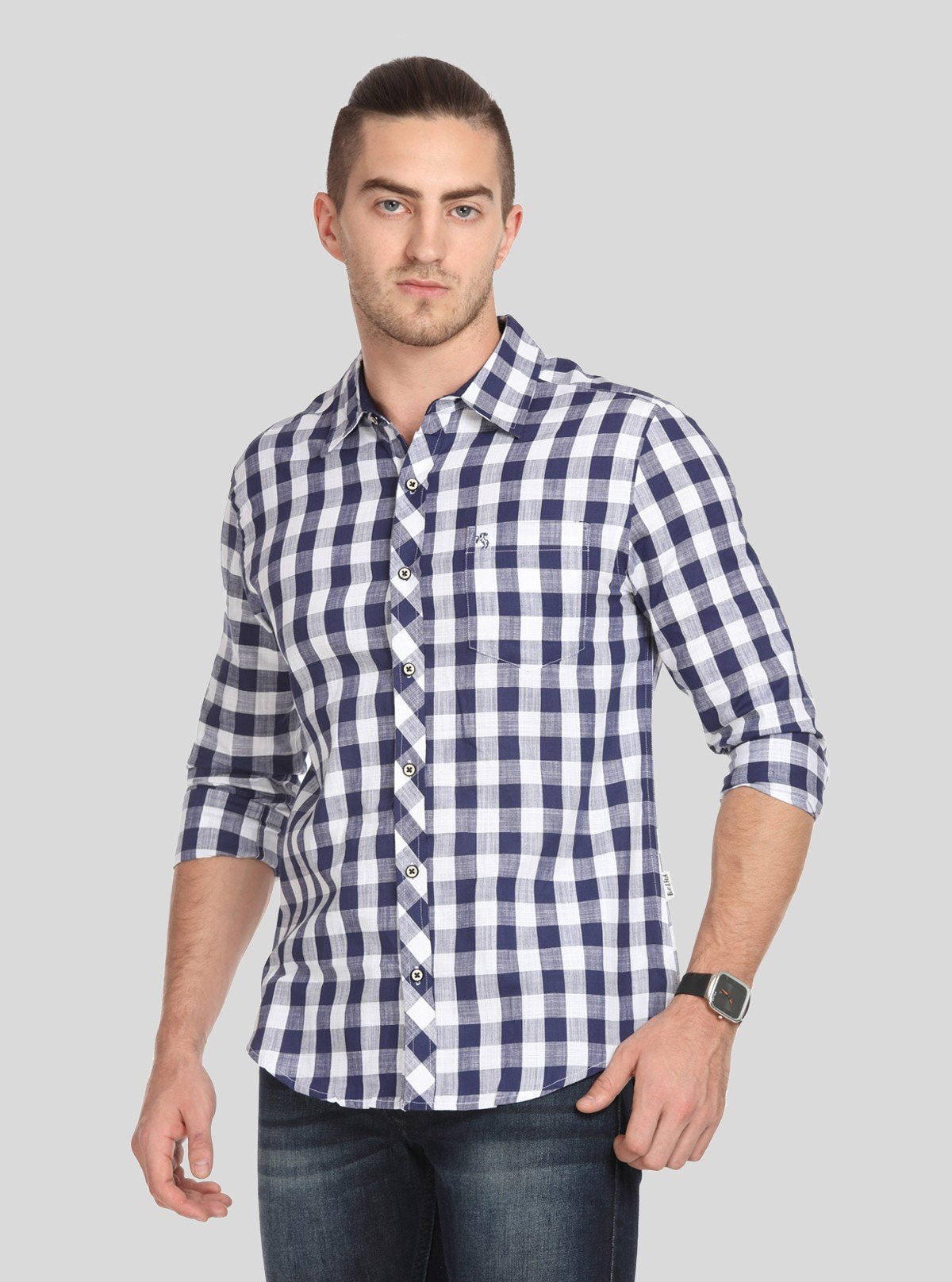 Men’s Navy Checked Slim Fit Full Sleeve Shirt – Modern Casual Elegance by Boer & Fitch - Boer and Fitch