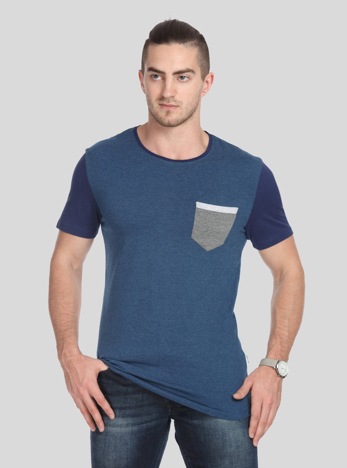 Men’s Navy Contrast Sleeve T-Shirt with Patch Pocket – Smart Casual Wear - Boer and Fitch