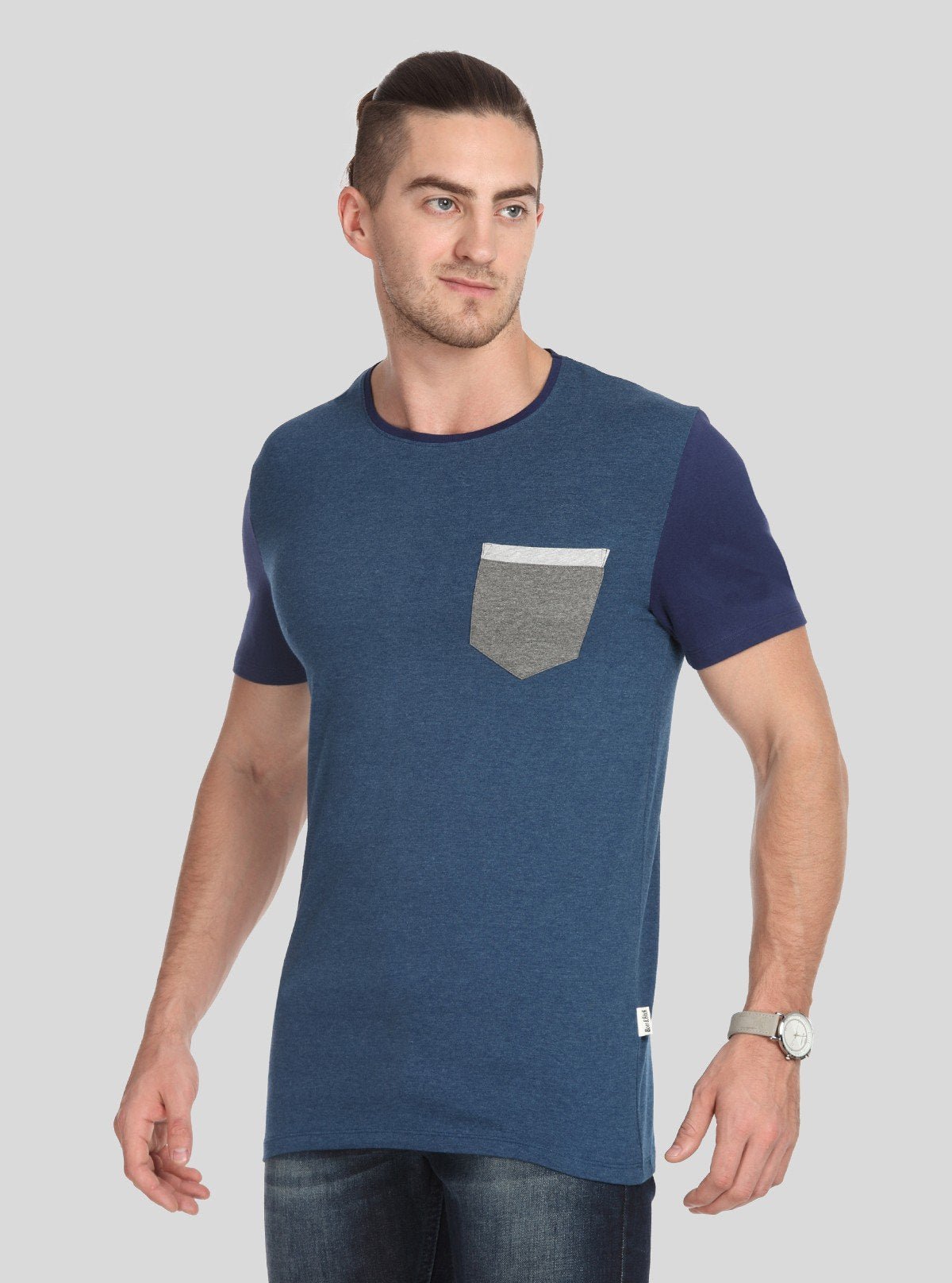 Men’s Navy Contrast Sleeve T-Shirt with Patch Pocket – Smart Casual Wear - Boer and Fitch